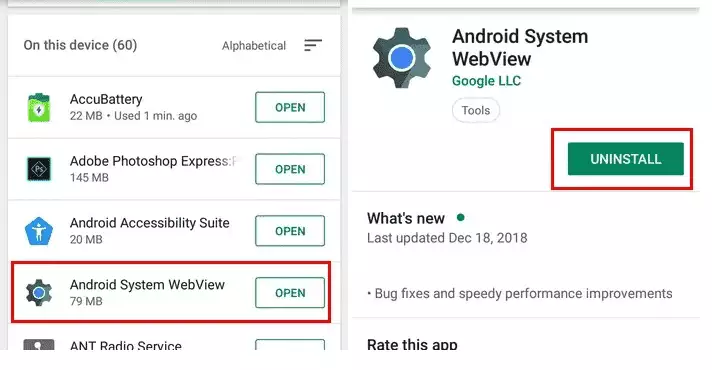 Uninstall Android System WebView Updates