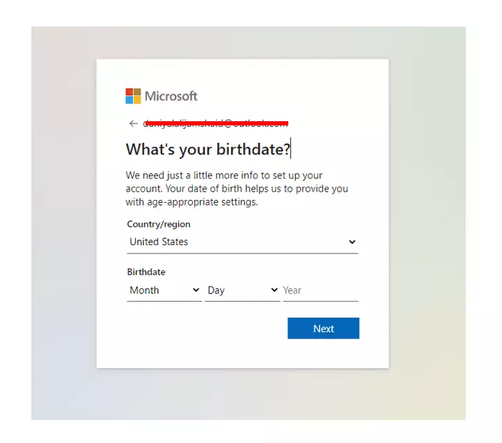 Outlook Account Enter Birthdate
